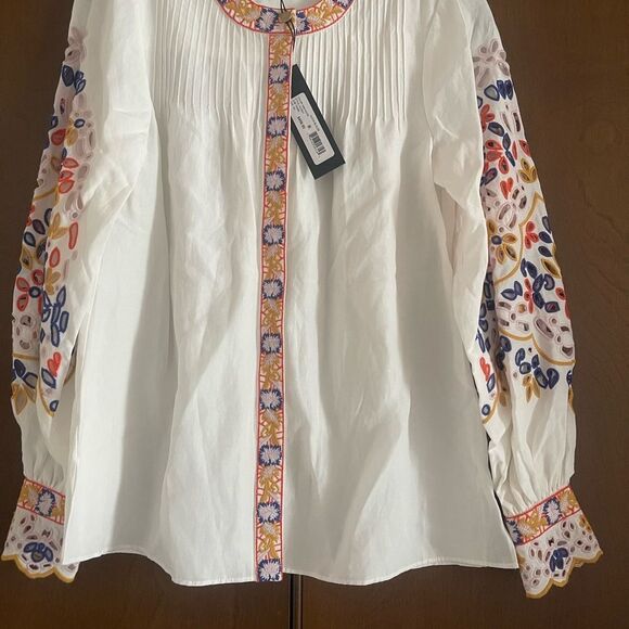 Kobi Halperin White and Blue Embellished Blouse with Mandarin Collar - Picture 4 of 4